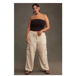 ANTHROPOLOGIE PILCRO Slim Linen Blend Cargo Pants Plus Size 2X Ivory NEW Beach